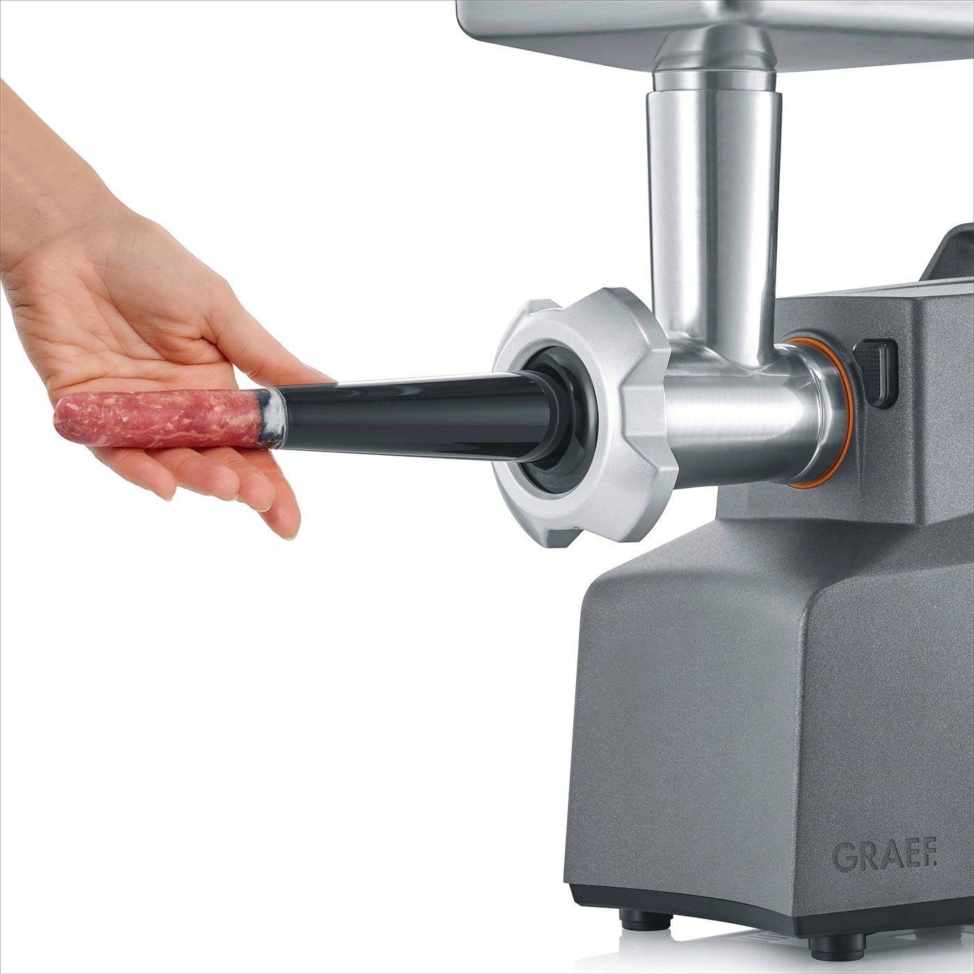 Fleischwolf mit Wurst, Hand, Fleisch, Maschine, GRAEF, Nahaufnahme, Detail, grau