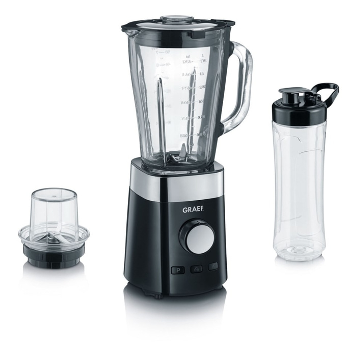 Black blender with accessories and bottle, GRAEF brand, kitchen appliance