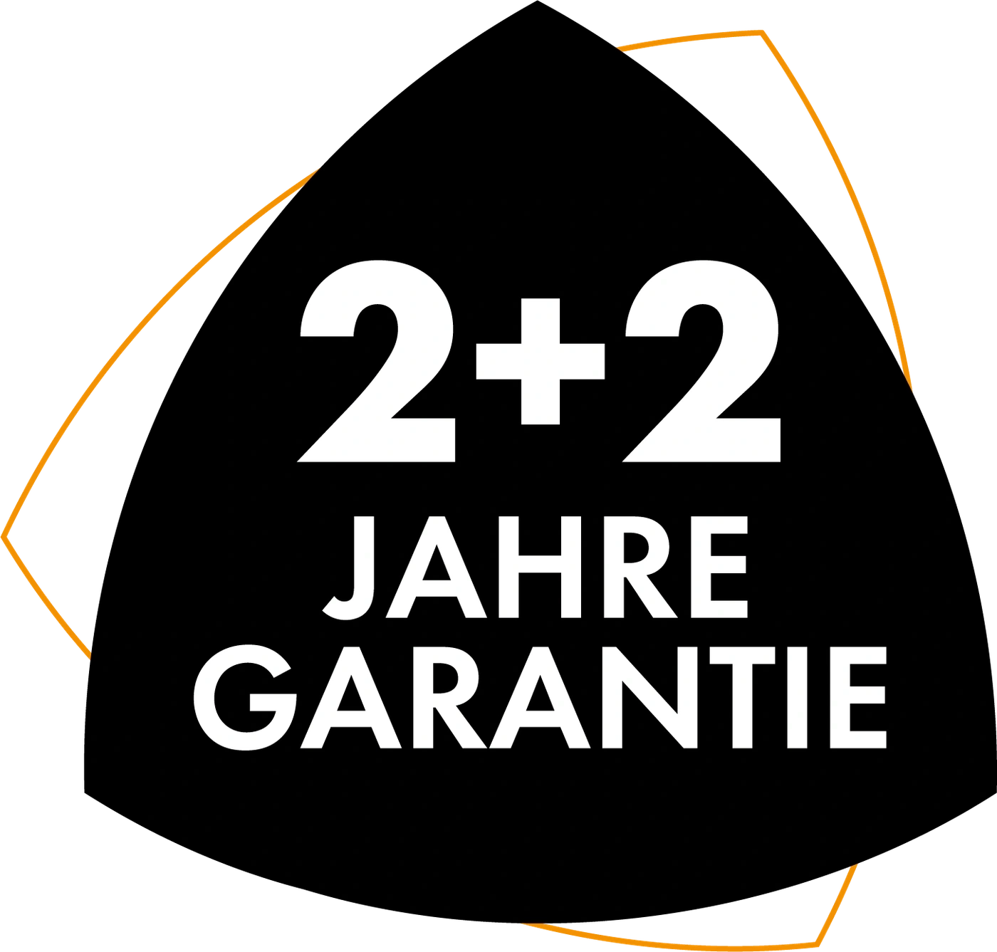 Schwarzes Schild mit weißem Text: +2 Jahre Garantie, goldene Umrandung