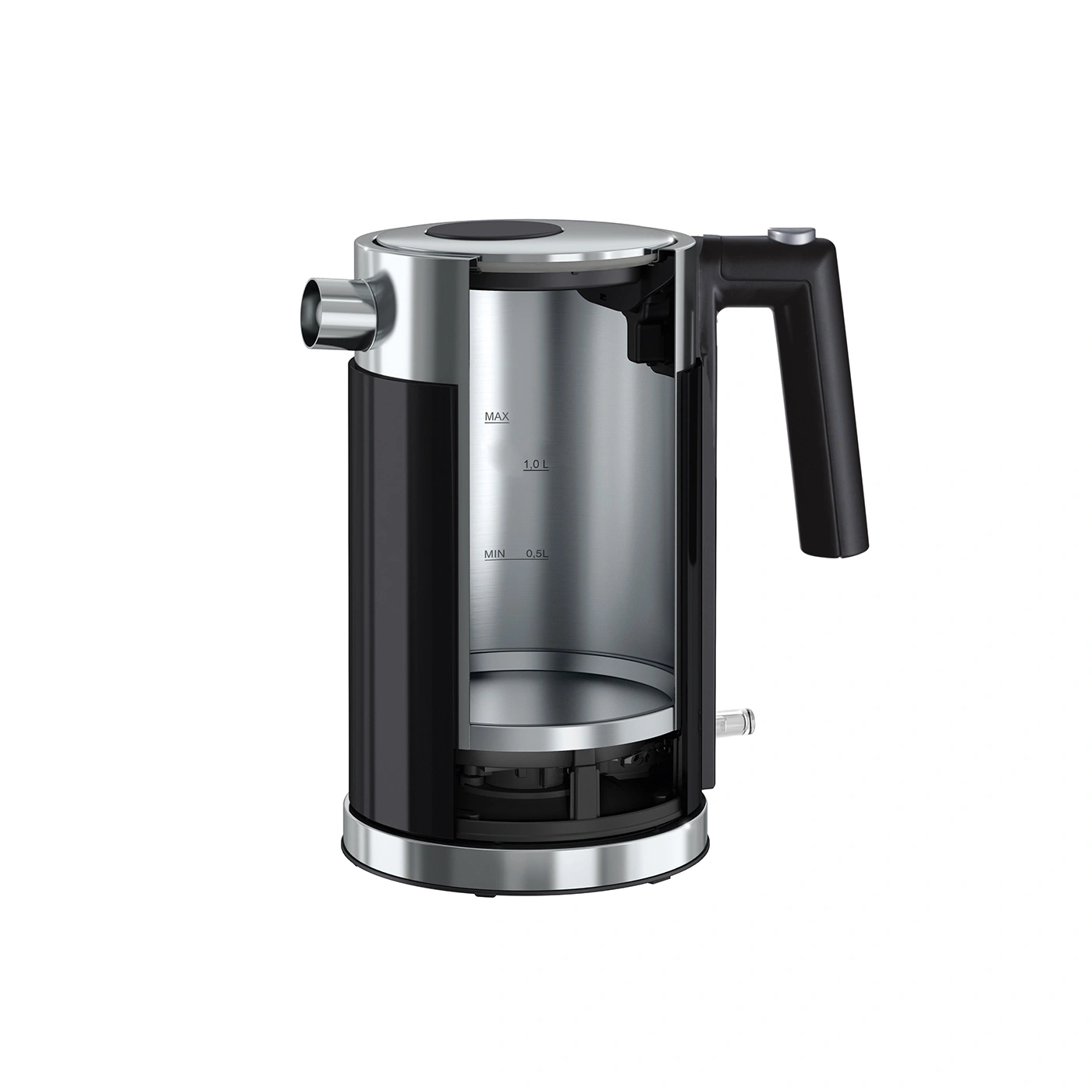 Wasserkocher, Edelstahl, schwarz, Schnitt, Innenleben, MAX, MIN, 1.0L, 0.5L, Griff, Ausguss