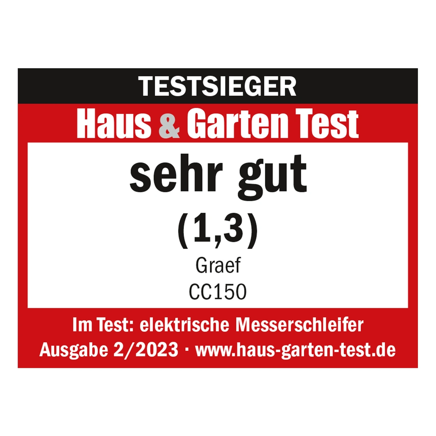 Testauszeichnung für elektrische Messerschleifer, sehr gut bewertet von Haus & Garten Test.