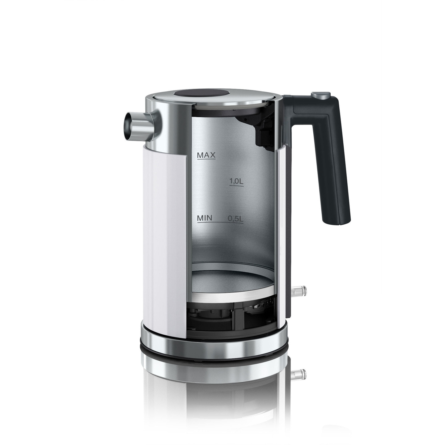 Bollitore elettrico, acciaio inossidabile, sezione, indicatore livello acqua, manico, bianco