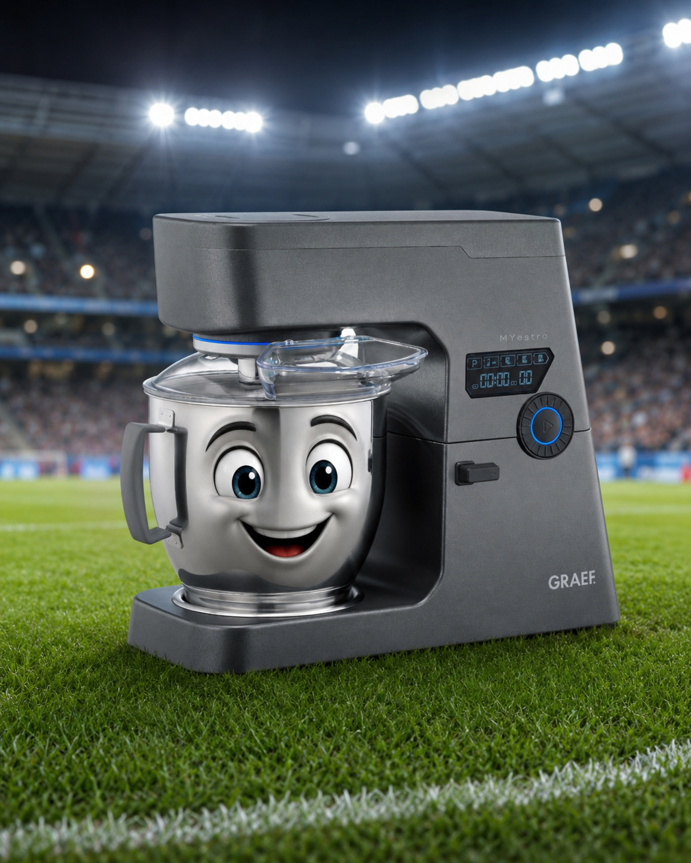 Eine Küchenmaschine mit lustigem Gesicht auf einem Fußballfeld.