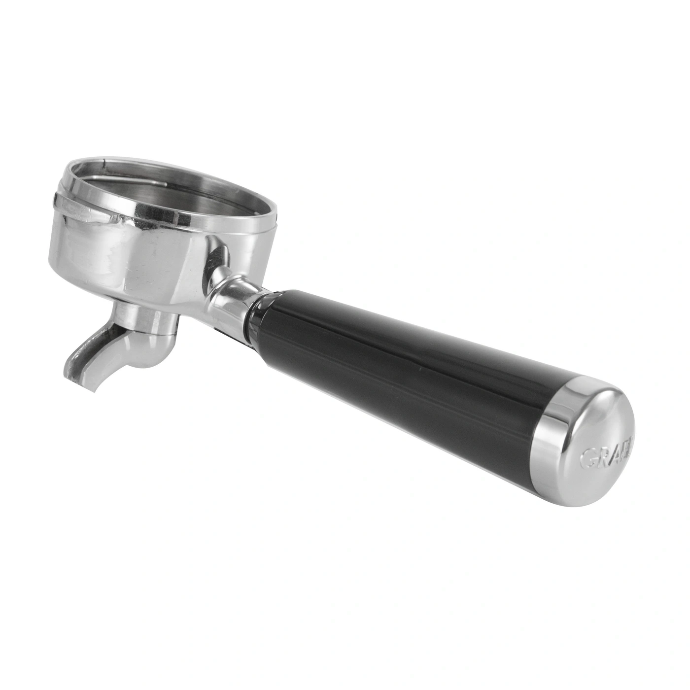 Chrom-Kaffeefilterhalter mit schwarzem Griff und GRAEF-Logo am Ende.