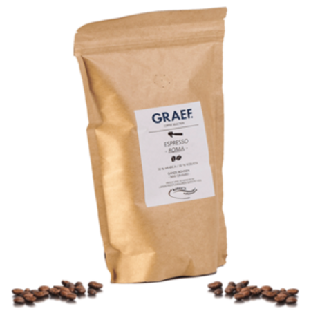 Coffee bag with 'GRAEF Espresso Roma' label and coffee beans in front