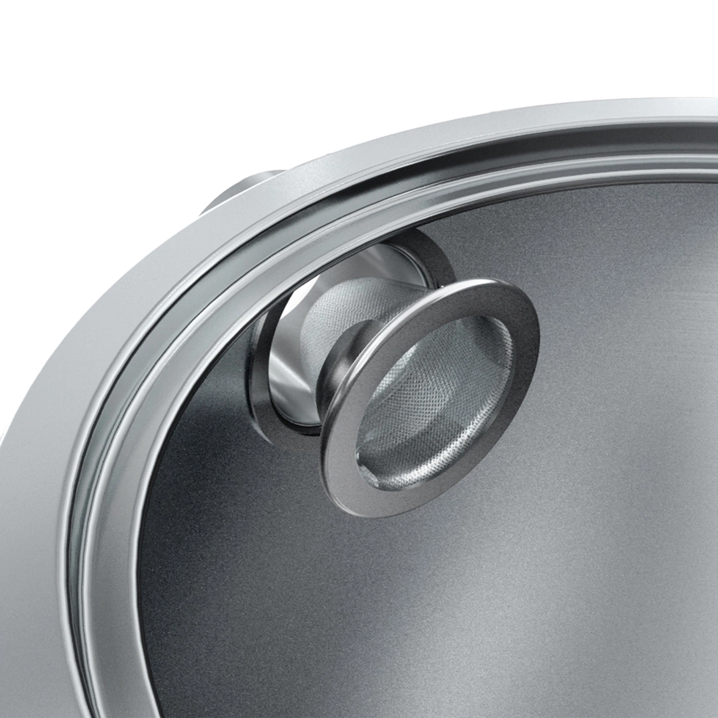 Nahaufnahme eines silbernen Teefilters in einer Metallkonstruktion, Detailaufnahme