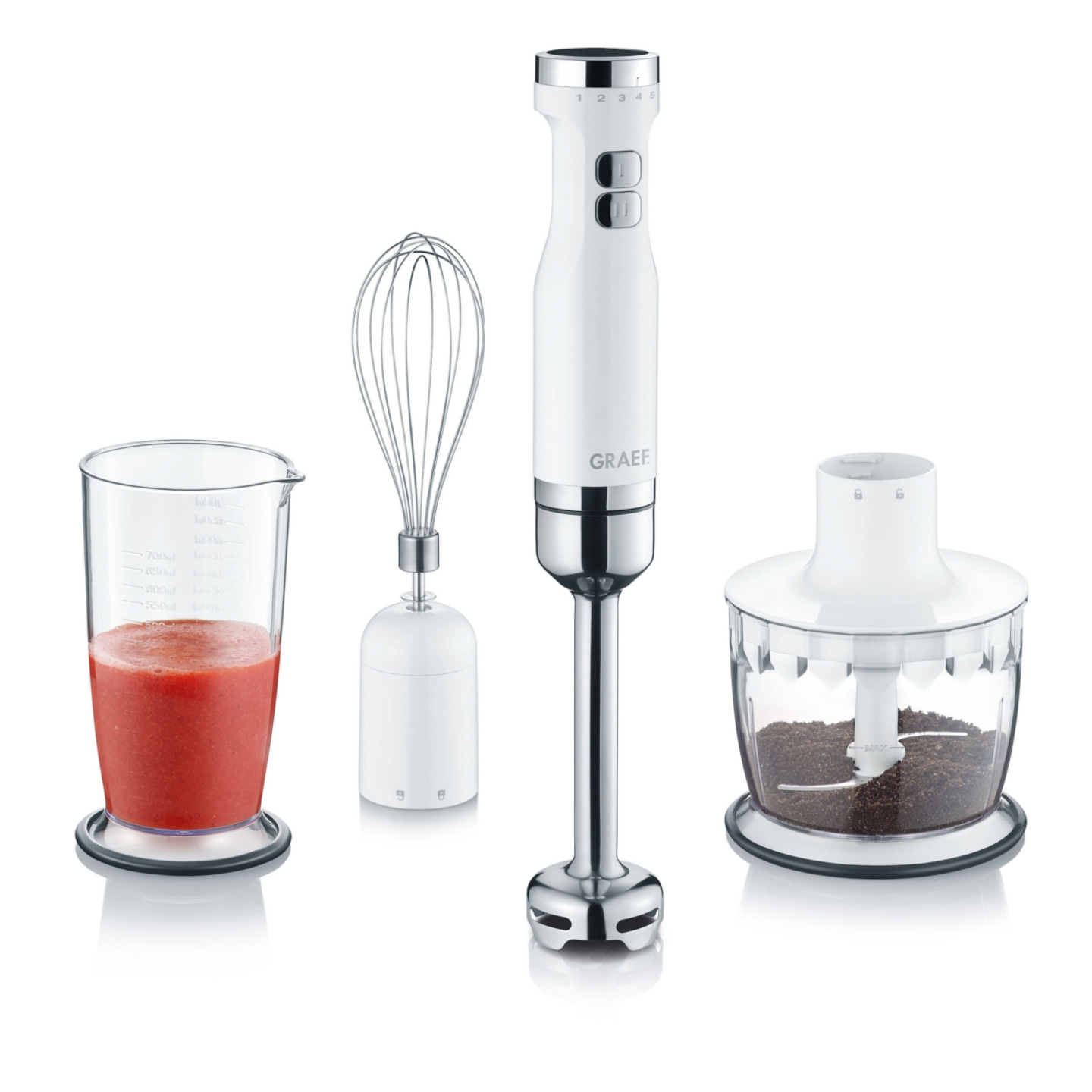 White immersion blender with accessories, beaker, whisk, and chopper.