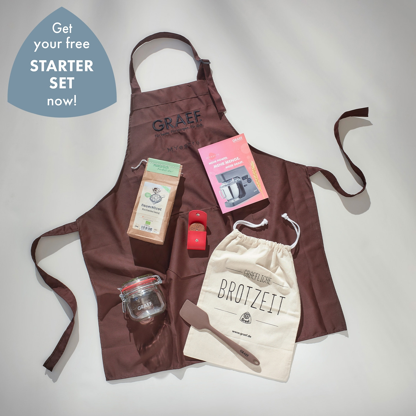 Graef starter set with apron, bread bag, and baking mix