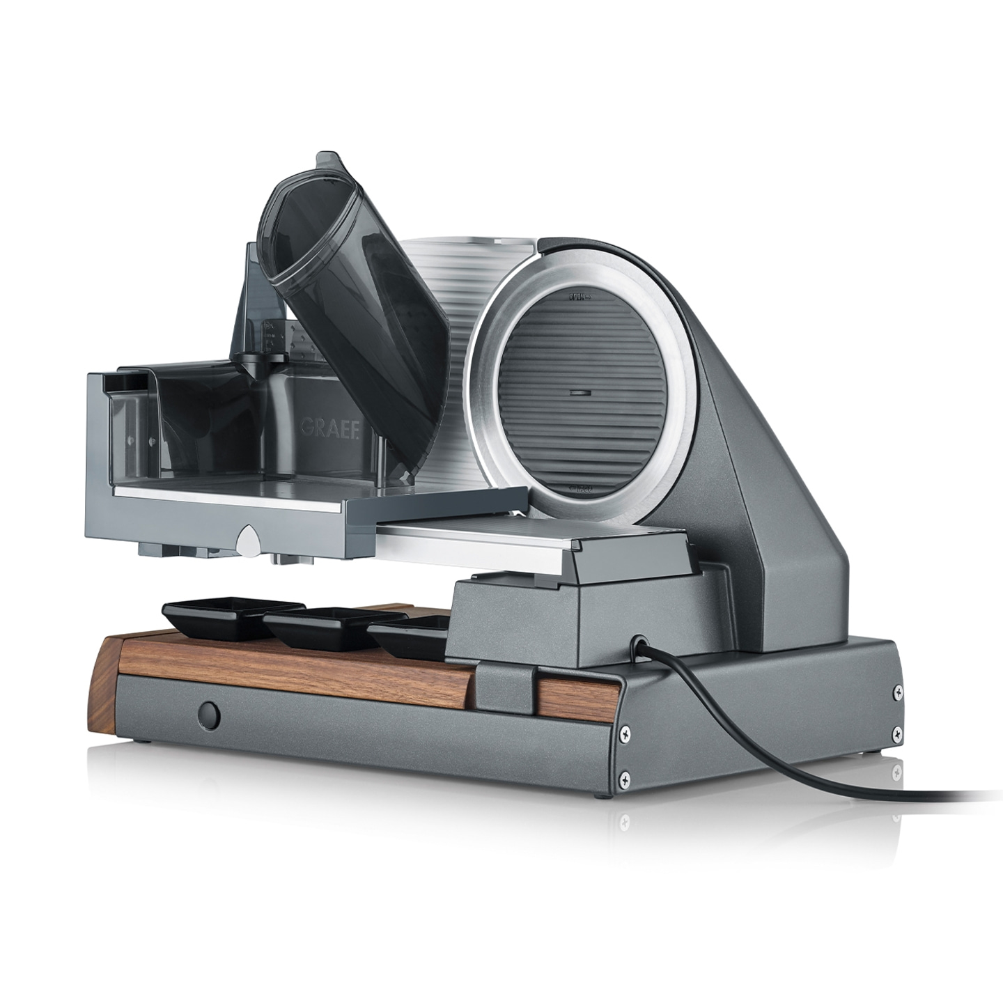 Allesschneider ICONIC²³, eisenglimmergrau S55016 mit Messerschublade, glattes Messer, Schneidbrett aus Walnussholz