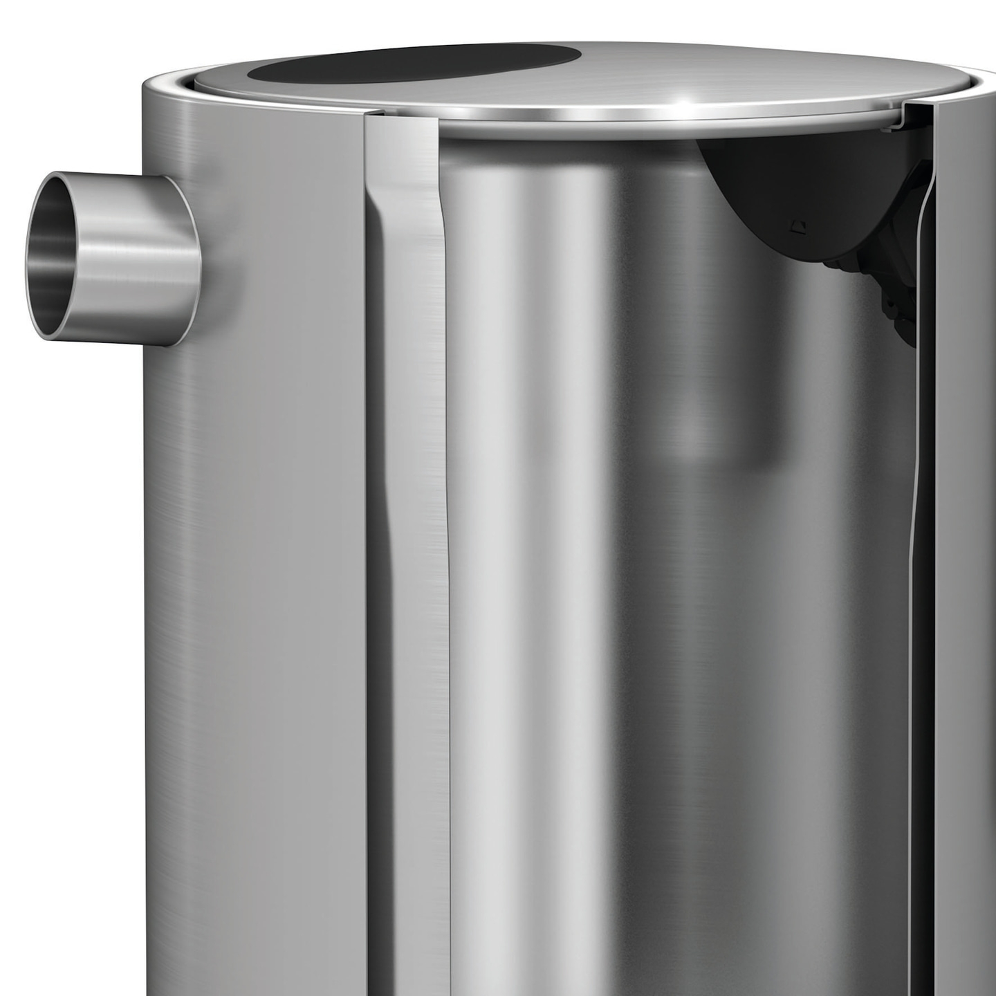 Metal container with round outlet and black lid, close-up detail shot