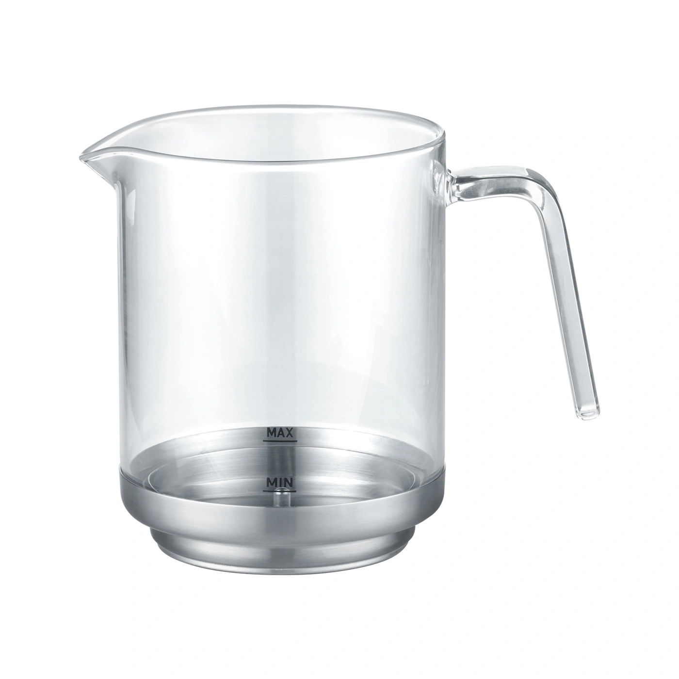 Glas-Kanne mit Metallboden und Henkel, Markierungen für MAX und MIN