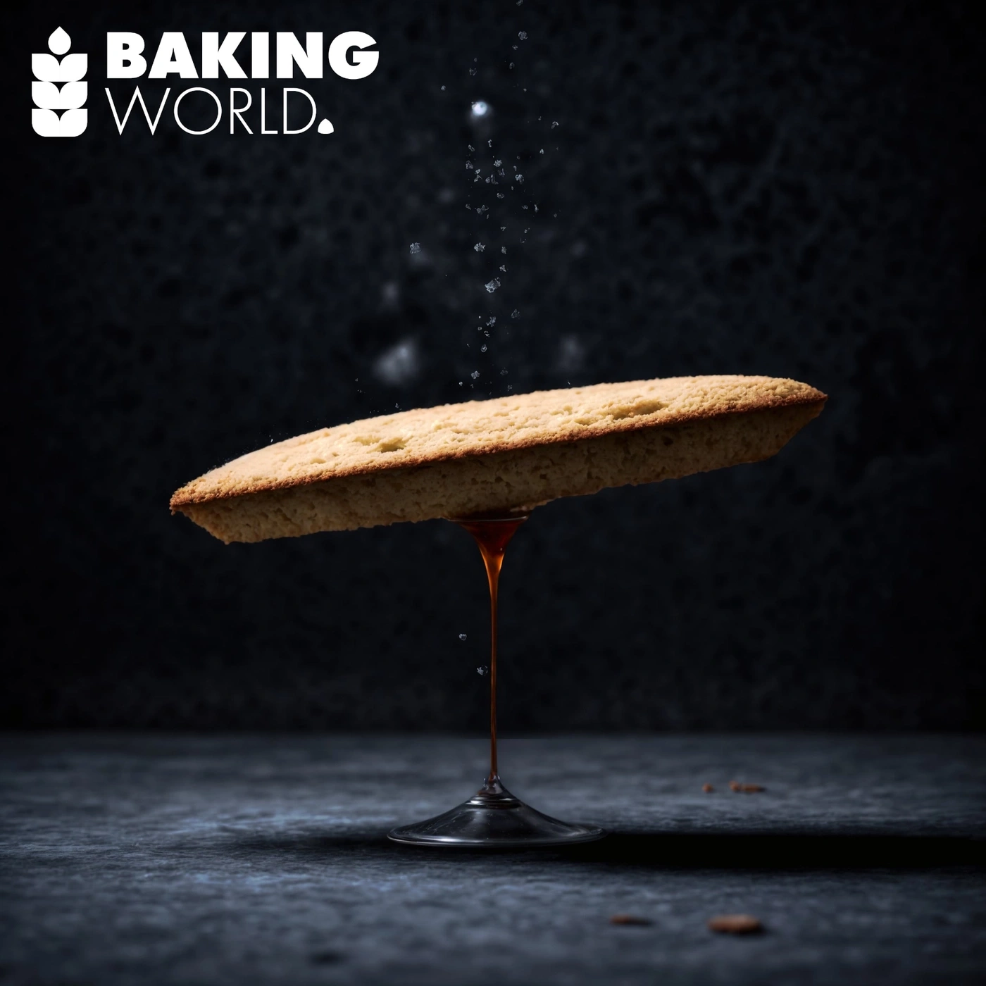Kuchen mit Sirup, der auf einem Glas balanciert, mit dem Logo 'Baking World'.