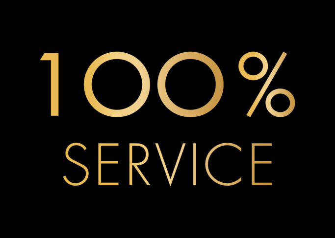 Testo dorato '100% Service' su sfondo nero