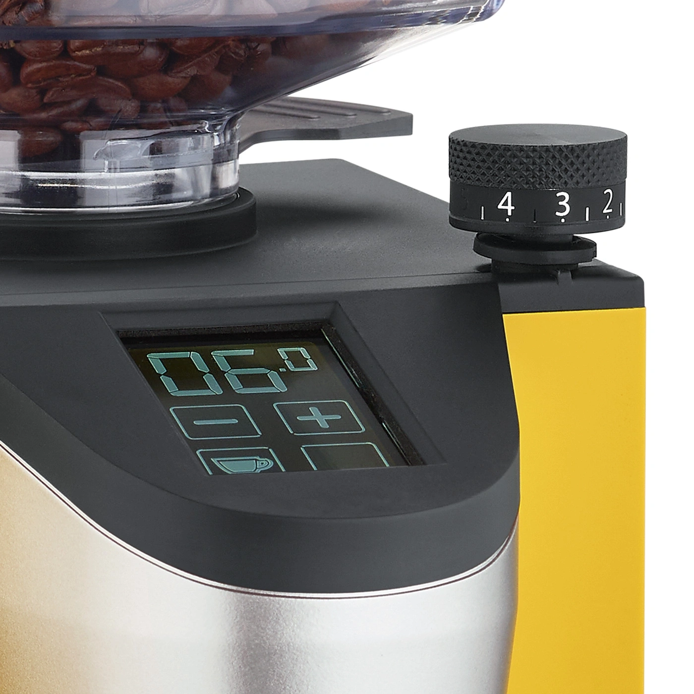 Kaffeemühle mit Display und Einstellrad für den Mahlgrad.