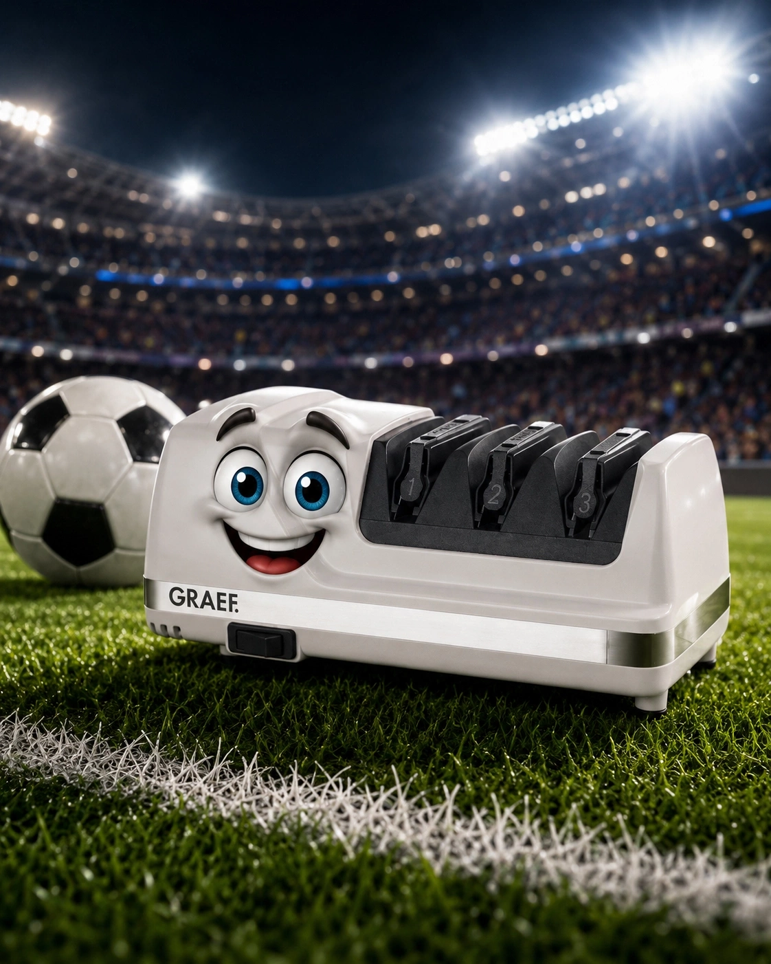 Ein Messerschärfer mit Gesicht spielt Fußball im Stadion.
