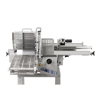 Machine de découpe industrielle en acier inoxydable avec panneau de commande et treillis métallique