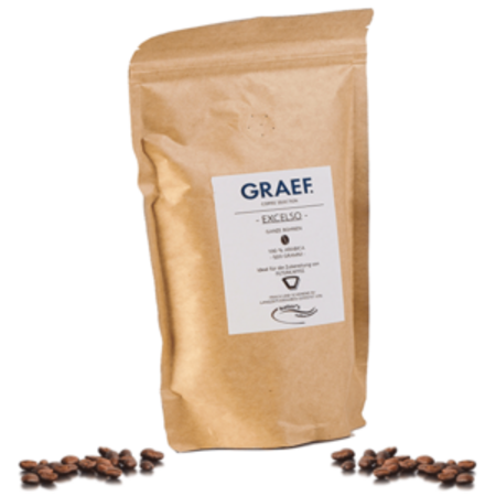 Coffee beans in a paper bag labeled 'GRAEF - Excelso' with coffee beans