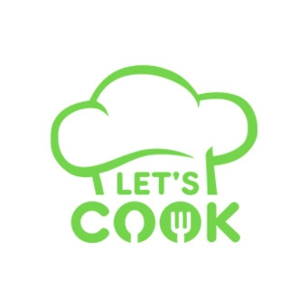 Grünes Kochmütze-Logo mit dem Text 'Let's Cook' und Besteck-Symbolen.