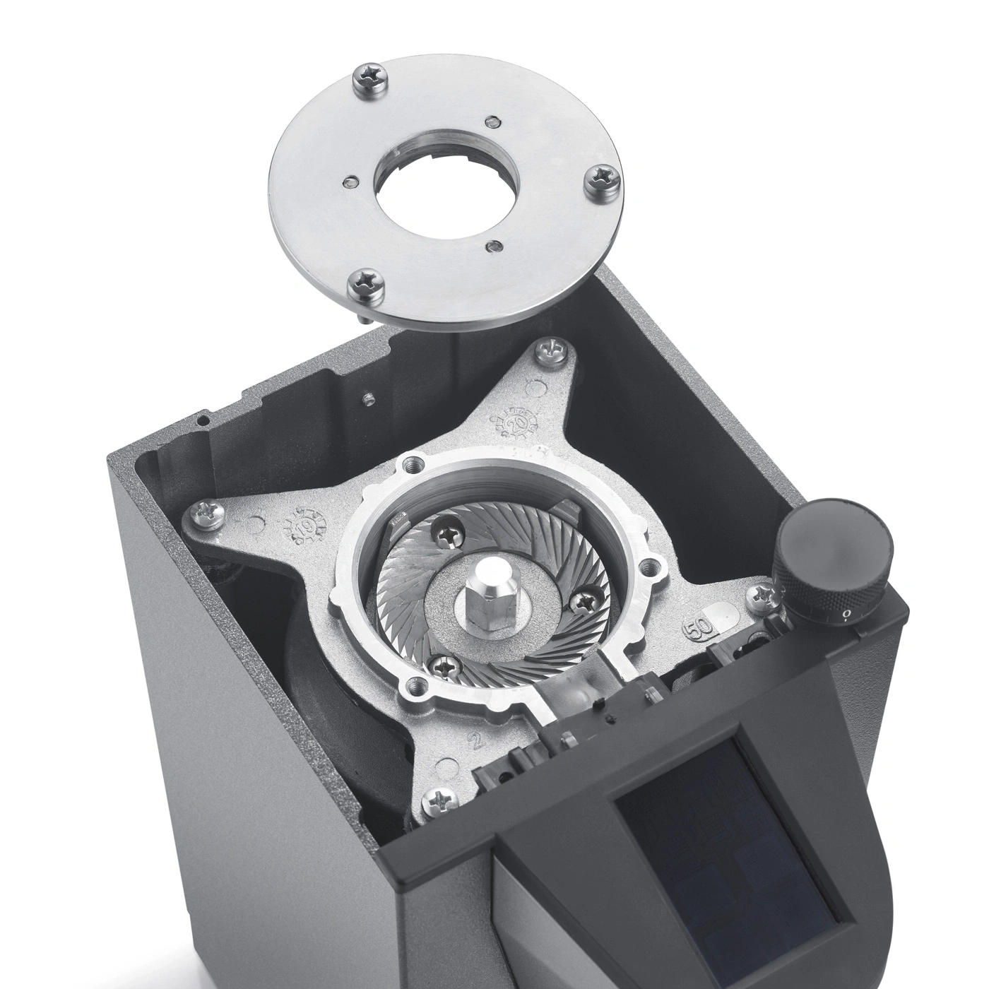 Kaffeemühle, zerlegt, Mahlwerk, Metall, Schrauben, Display, Knopf, Detailaufnahme.