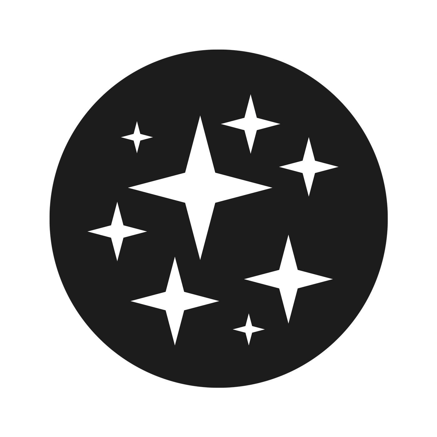 Schwarzer Kreis mit weißen Sternen, die für Glanz stehen.