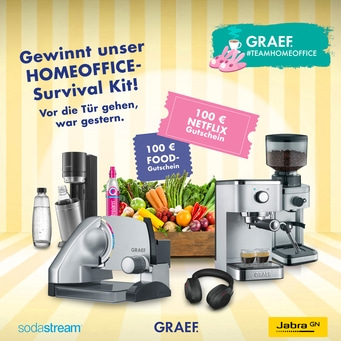 Werbung für Homeoffice-Survival-Kit mit Gutscheinen und Produkten.