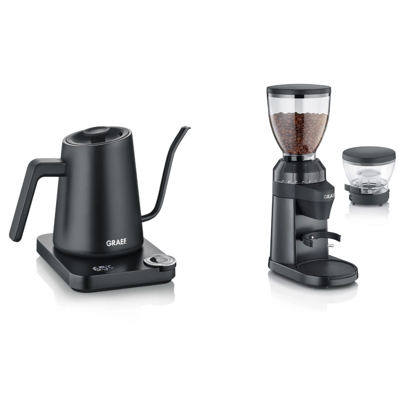 Schwarzer Wasserkocher und Kaffeemühle auf weißem Hintergrund. GRAEF.