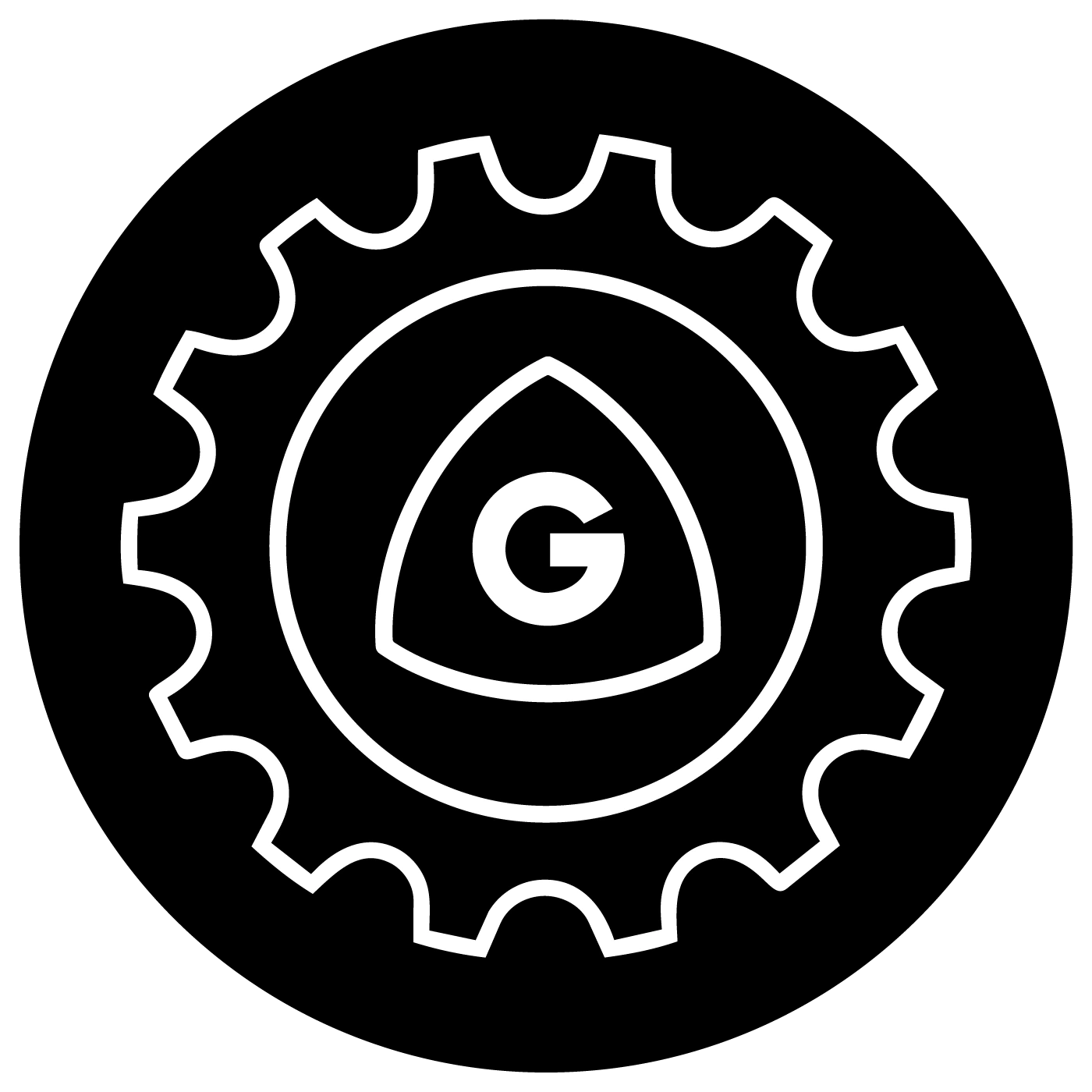 Ein schwarzer Kreis mit einem weißen Zahnrad und einem "G"-Symbol darin.