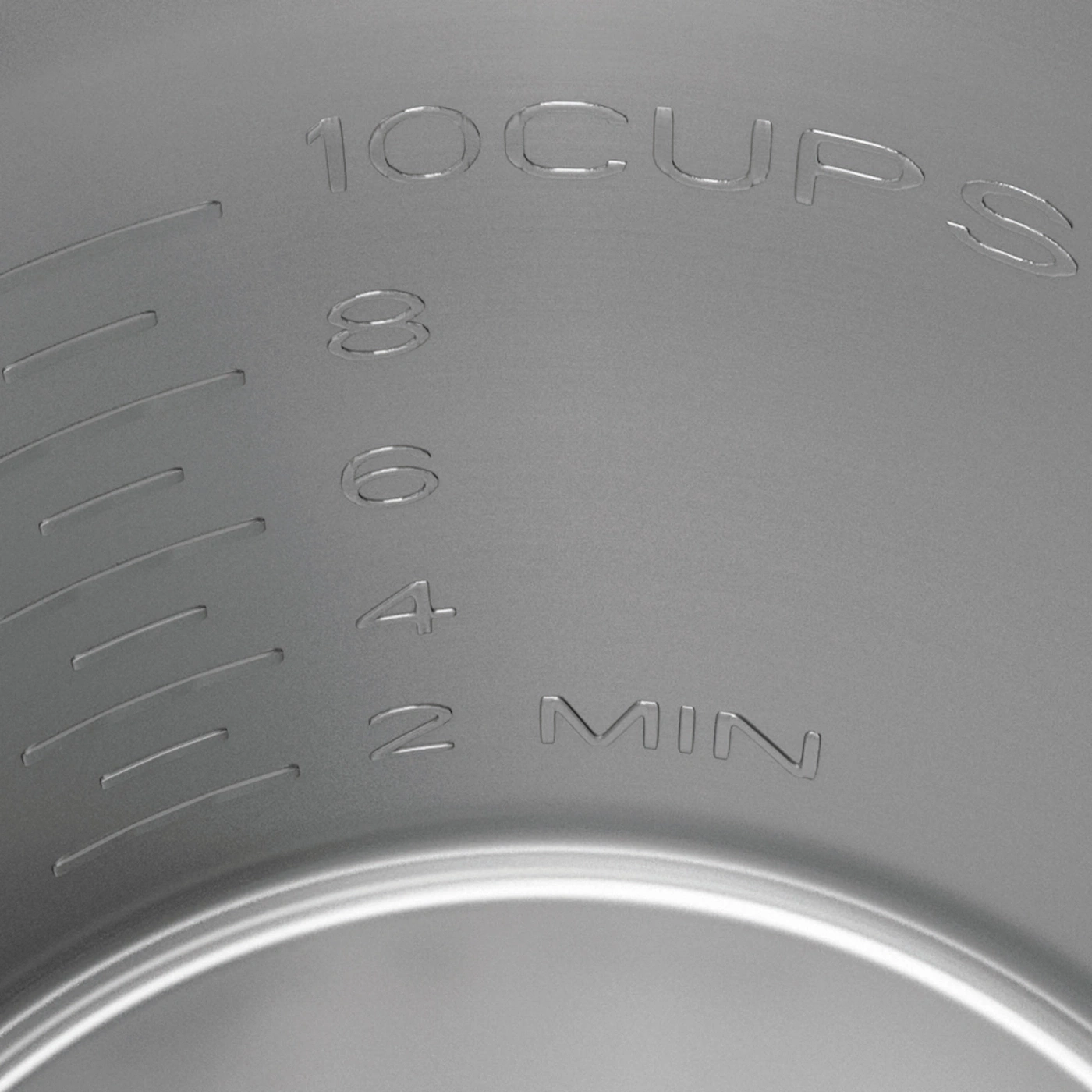 Graue Oberfläche mit Messmarkierungen für Flüssigkeiten, 10 Tassen, 8, 6, 4, 2 MIN