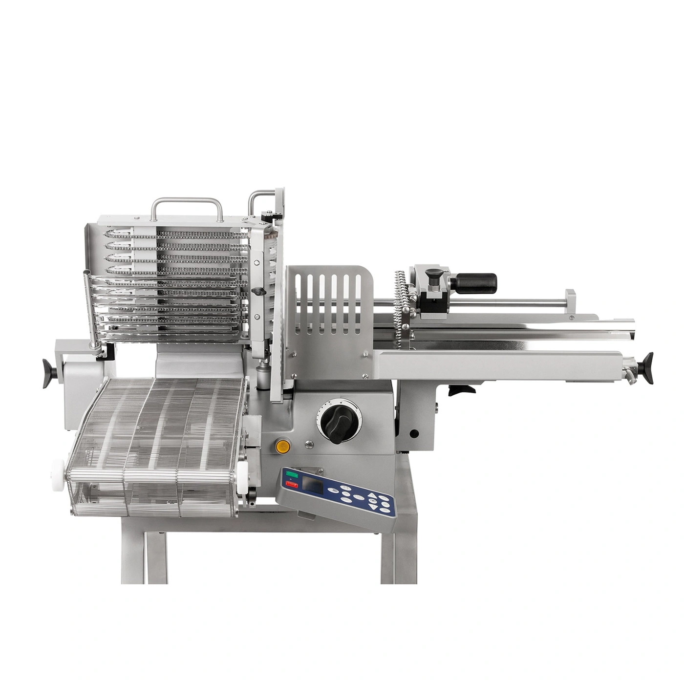 Industrielle Schneidemaschine aus Edelstahl mit Bedienfeld und Drahtgitter