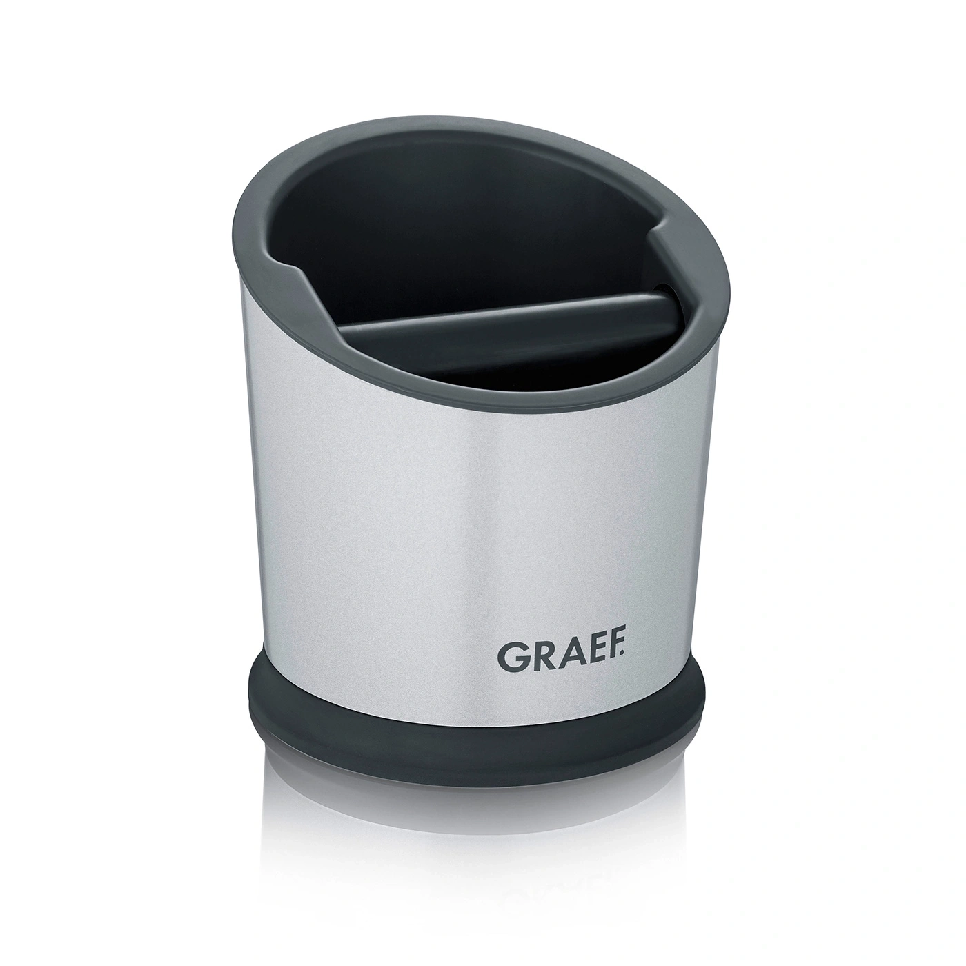 Graef Tamper-Station, silberfarben, mit schwarzem Rand und Griff, für Kaffeeliebhaber