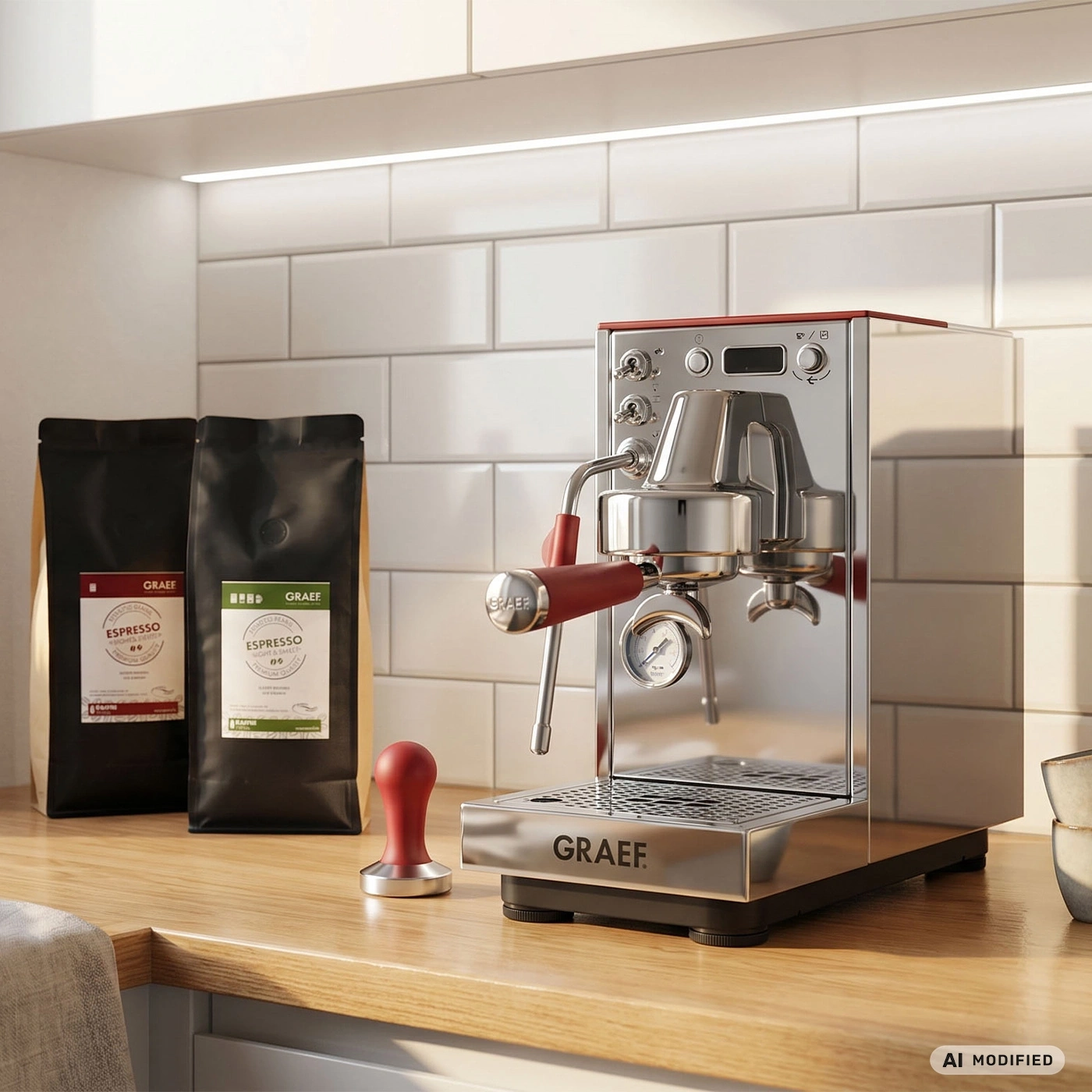 Espressomaschine mit Kaffeepackungen und Tamper auf Holzarbeitsplatte.