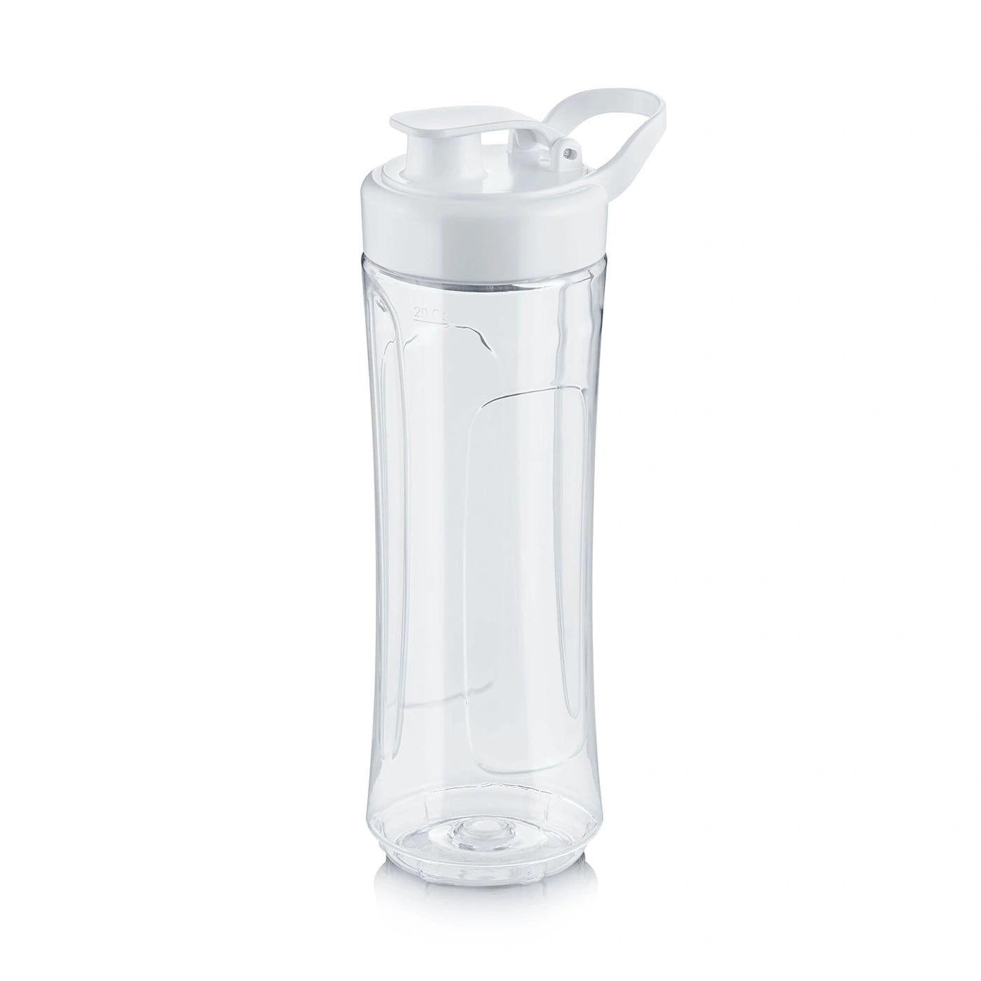 Transparente Trinkflasche mit weißem Deckel und Griff, isoliert auf weißem Hintergrund