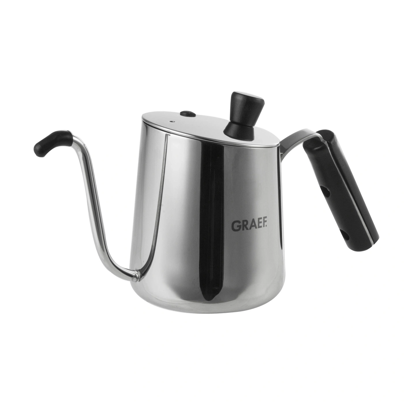 Edelstahl-Wasserkocher mit schwarzem Griff und Ausguss, GRAEF-Logo