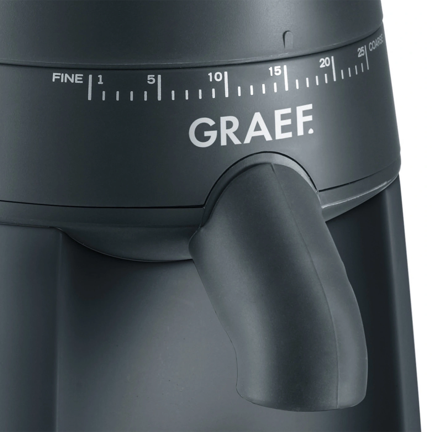 Nahaufnahme eines Kaffeemahlers mit Einstellrad und GRAEF-Logo.