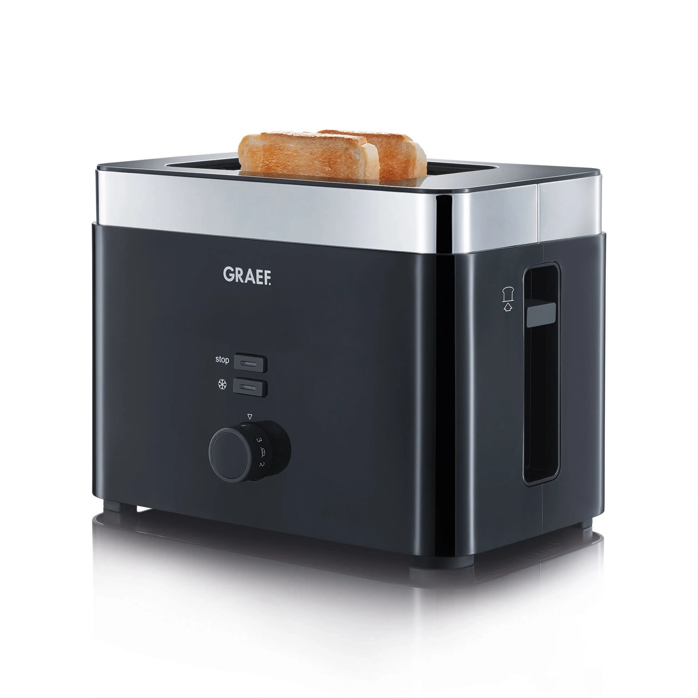 Schwarzer Toaster mit zwei Toastscheiben, Marke GRAEF, Bedienfeld.