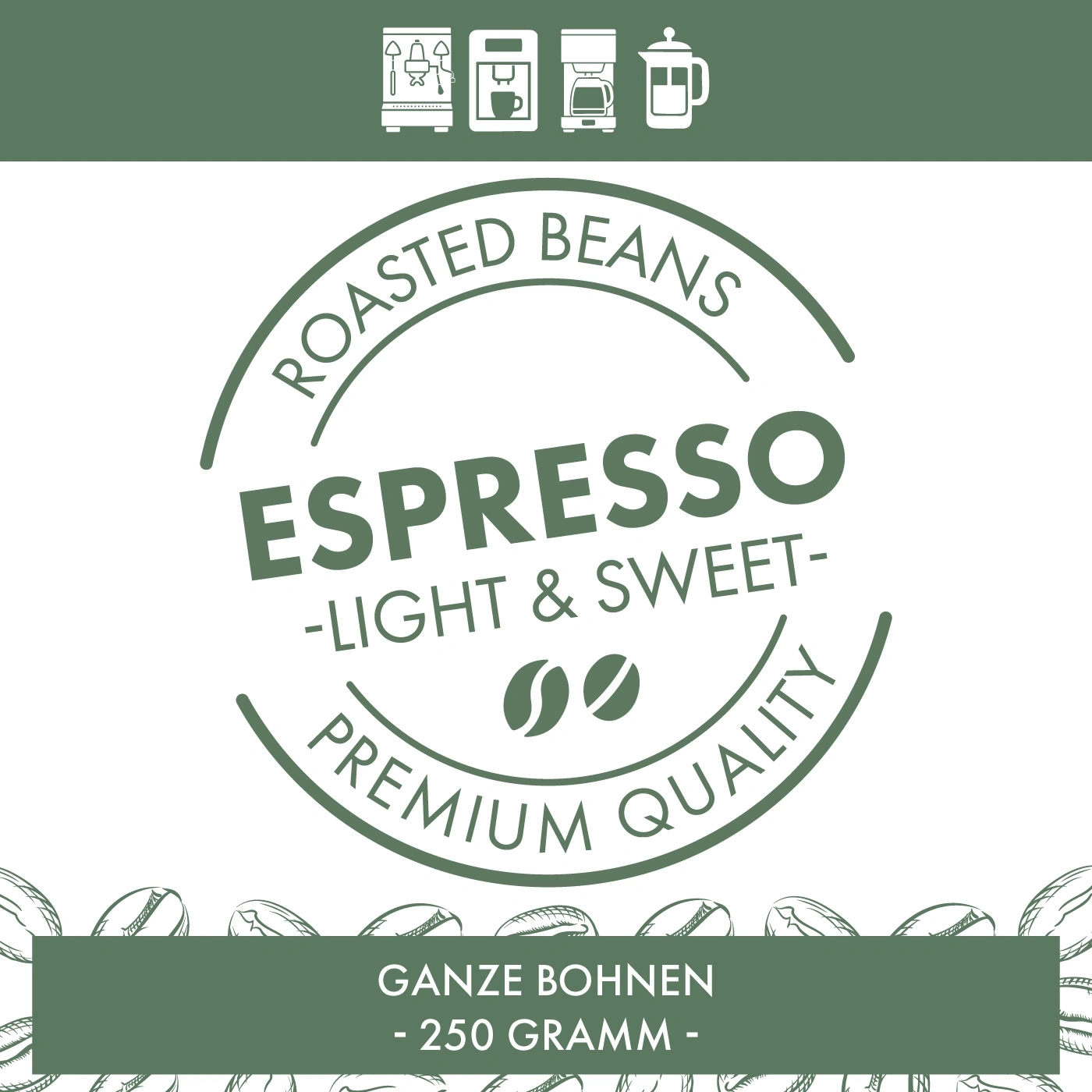 Espresso ganze Bohnen, 250 Gramm, geröstet, leicht und süß