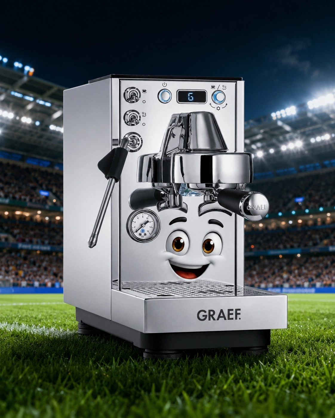 Kaffeemaschine mit Gesicht auf Fußballfeld im Stadion