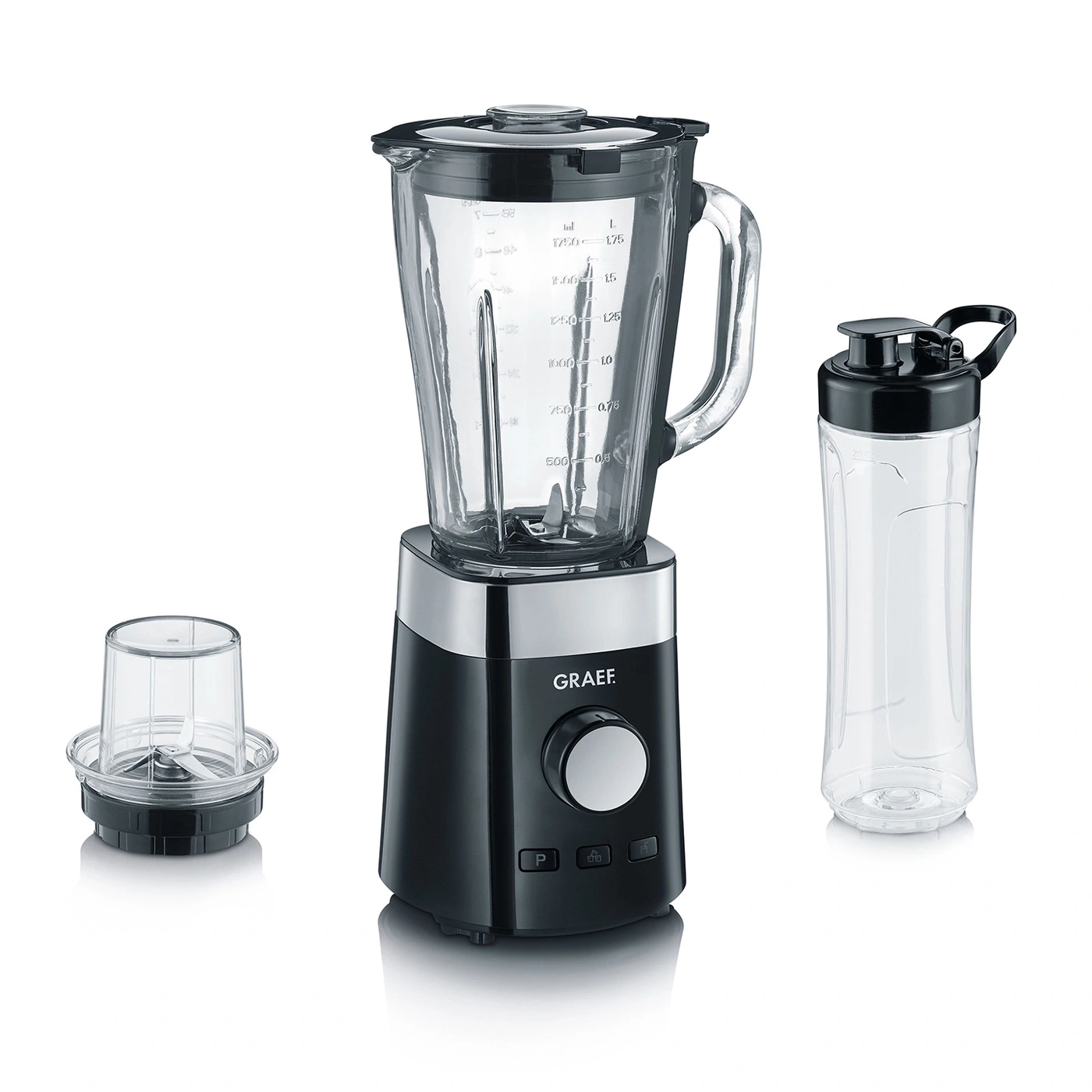 Schwarzer Mixer mit Zubehör, Glasbehälter und Trinkflasche.