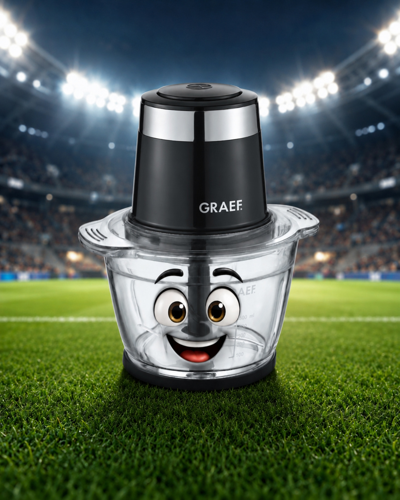 Ein fröhlicher Graef Mixer mit Comic-Gesicht steht auf einem Fußballfeld bei Nacht.