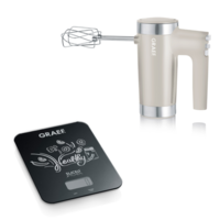 Graef Küchenwaage und Handmixer, beides in hellem Beige, auf weißem Hintergrund.