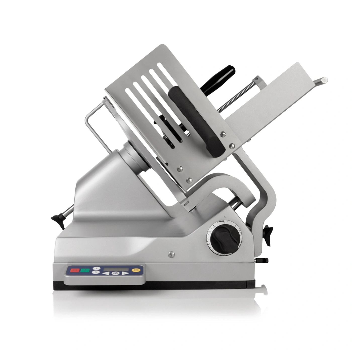 Fleischschneidemaschine, silberfarben, mit Bedienfeld und Drehknopf, professionell