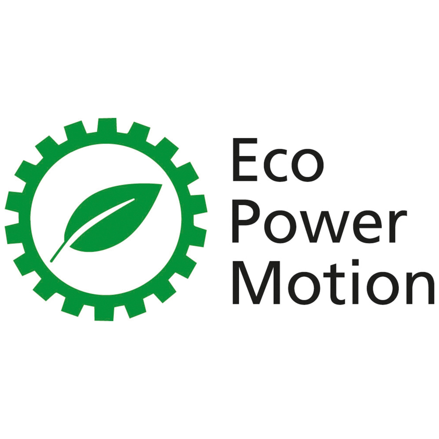 Logo avec engrenage, feuille et texte 'Eco Power Motion' en vert et noir