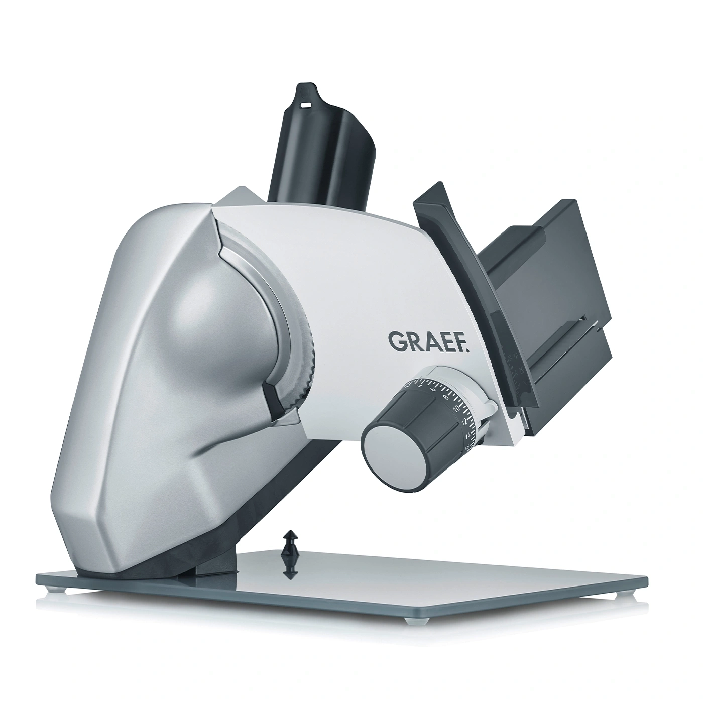 Graef Allesschneider, silber und weiß, mit Einstellrad und Schneidevorrichtung, isoliert