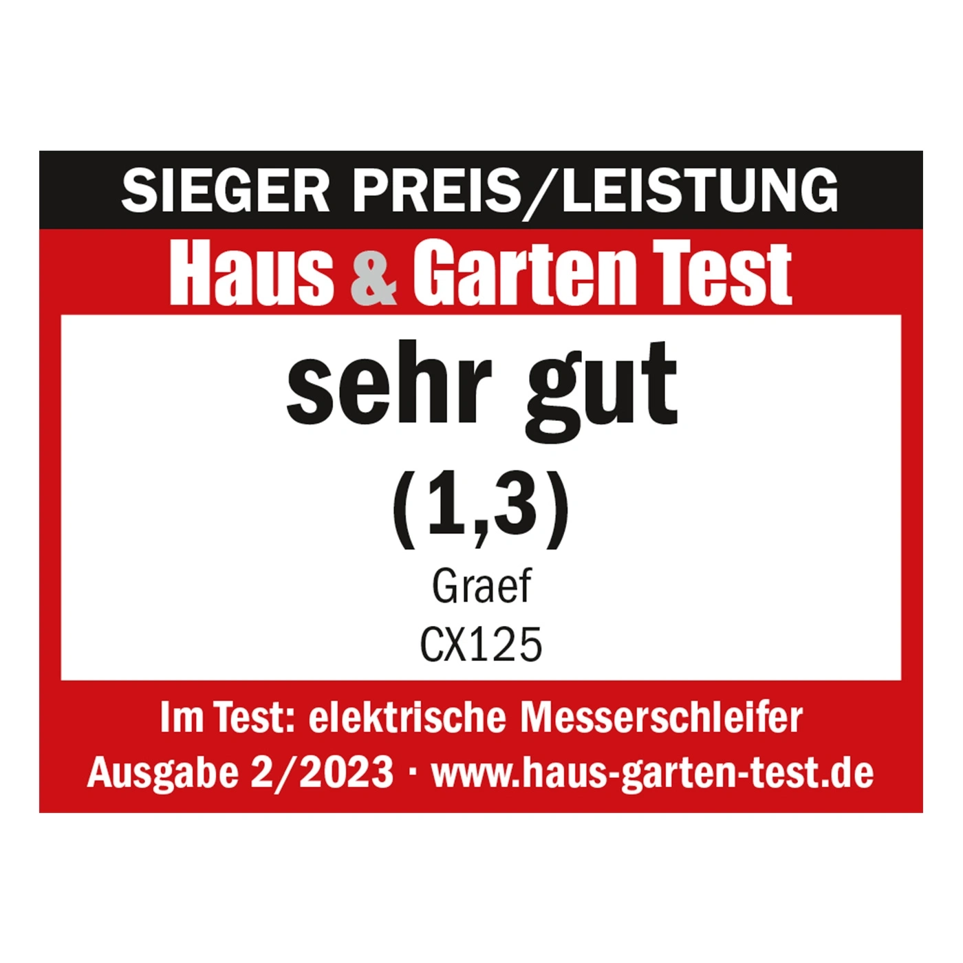 Auszeichnung für elektrische Messerschleifer von Graef, sehr gut bewertet.