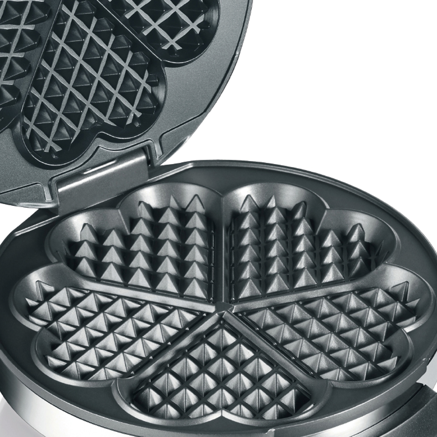 Waffle iron, open, heart shape, detail shot, gray, kitchen, baking, close-up, empty, metal