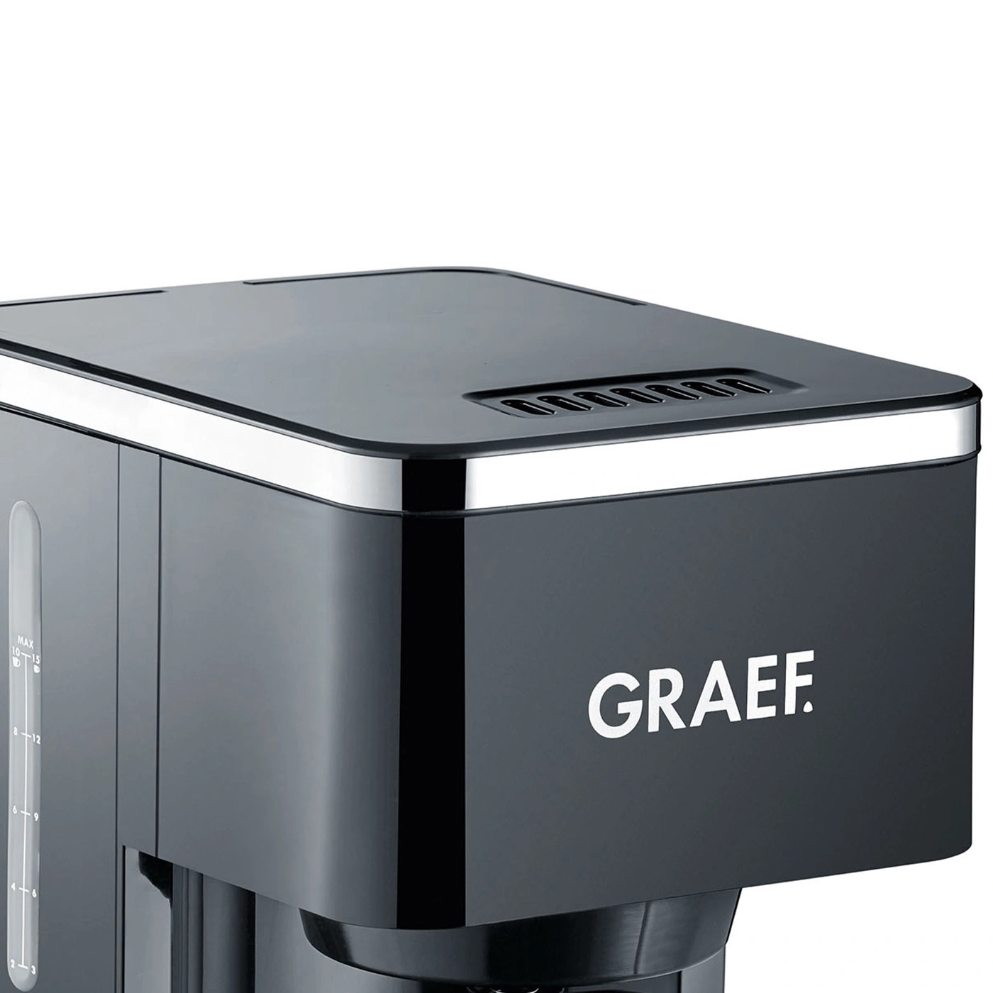 Schwarze Kaffeemaschine mit der Aufschrift GRAEF und einem Wassertank.