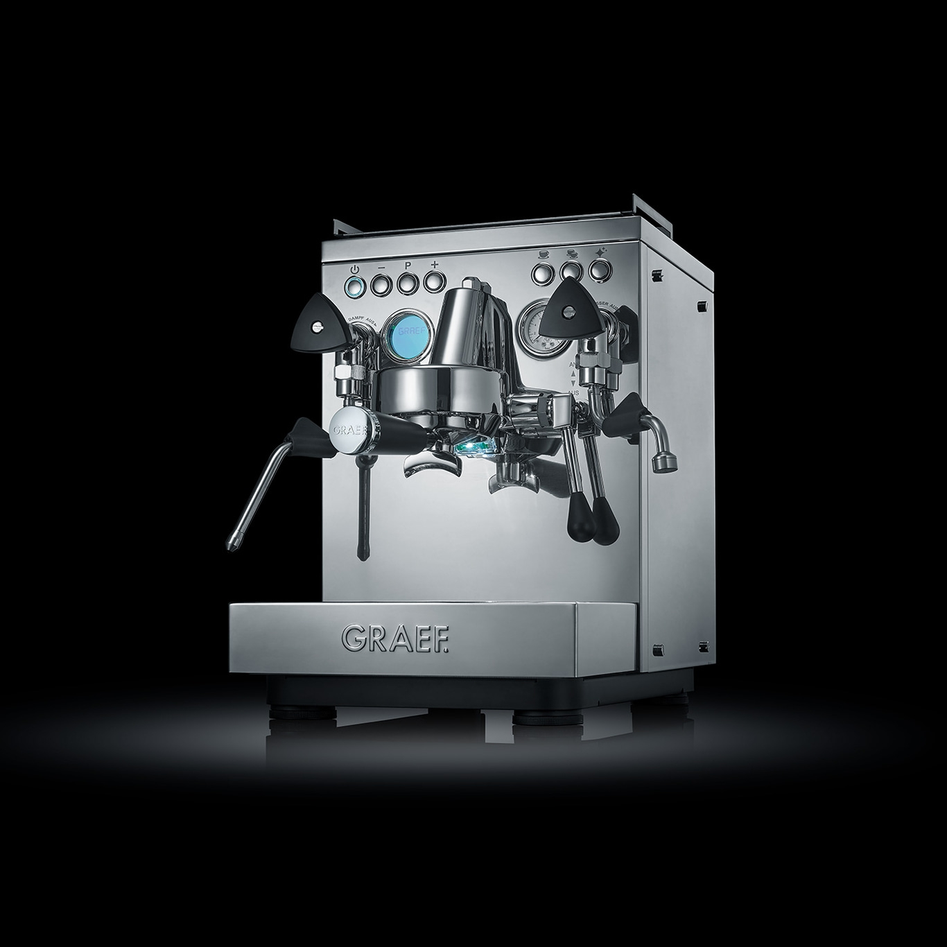 Stainless steel espresso machine with buttons and steam and hot water outlets, GRAEF logo