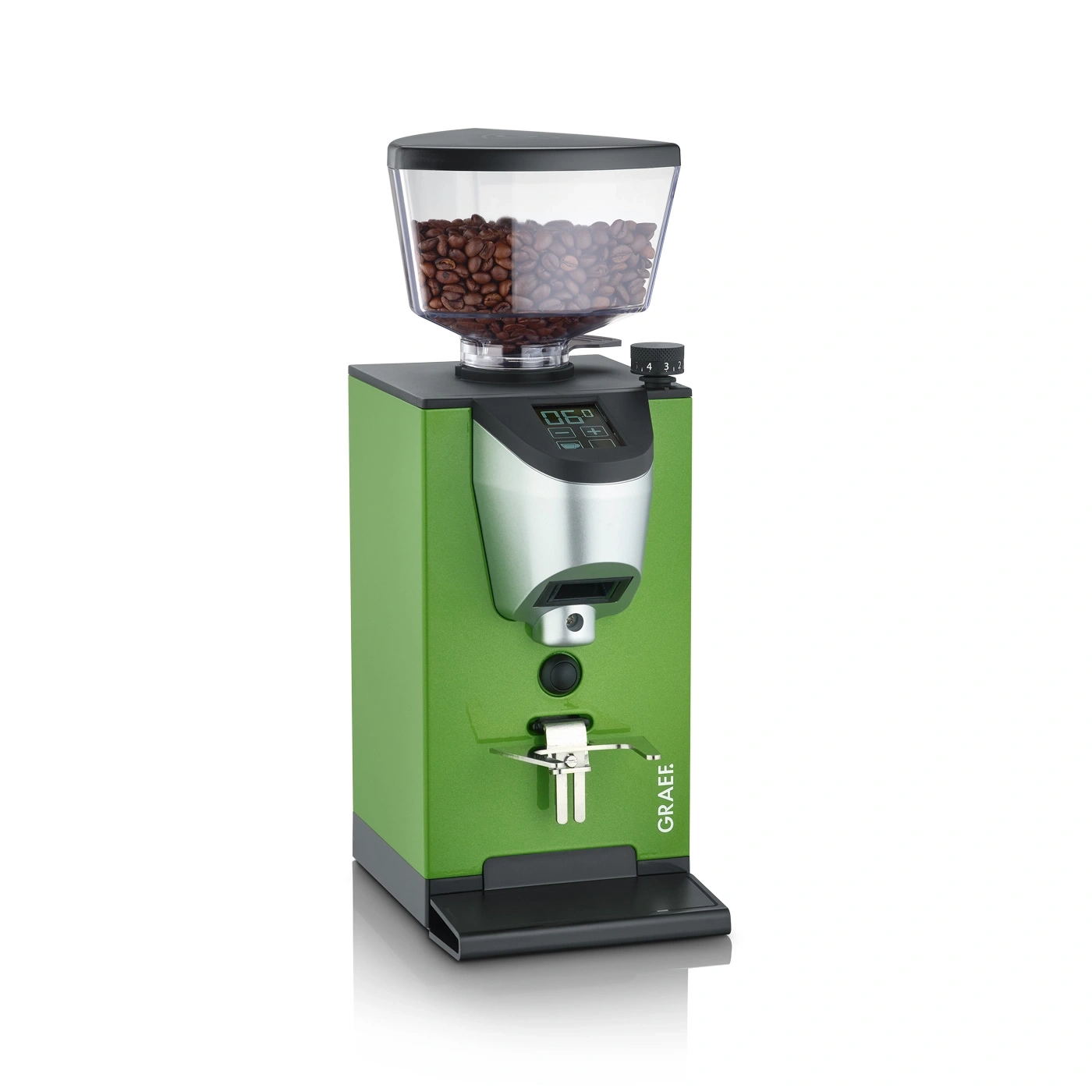 Grüne Kaffeemühle mit Bohnen, Digitalanzeige und GRAEF-Logo.