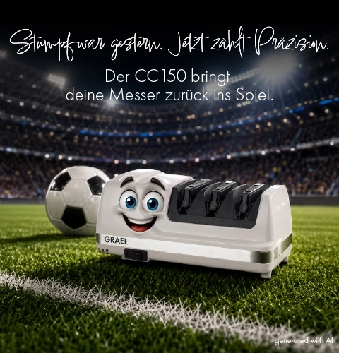 Ein Messergrind mit Fußball und Stadion im Hintergrund