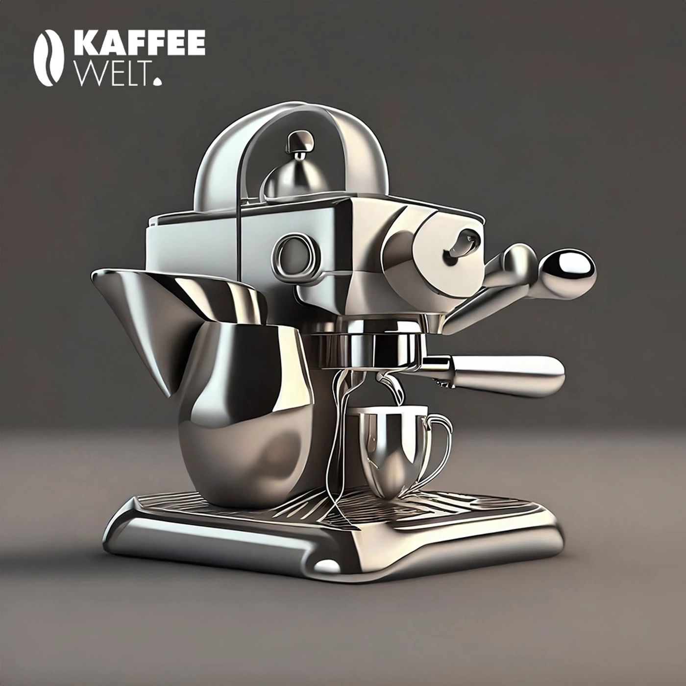 Kaffeemaschine aus Metall mit Kaffeetasse und Milchkännchen auf grauem Hintergrund